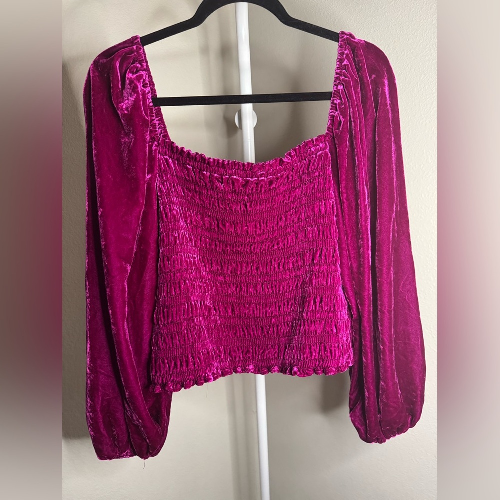 🌺Anthropologie Fuchsia Velvet Smocked Blouse - Picture 3 of 5